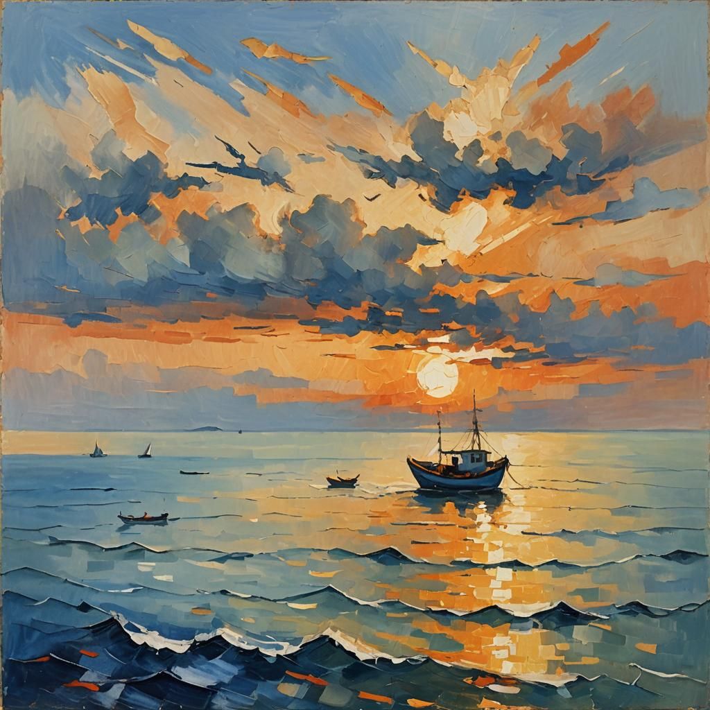 Fishing Boat at Sunset in Impressionist Style