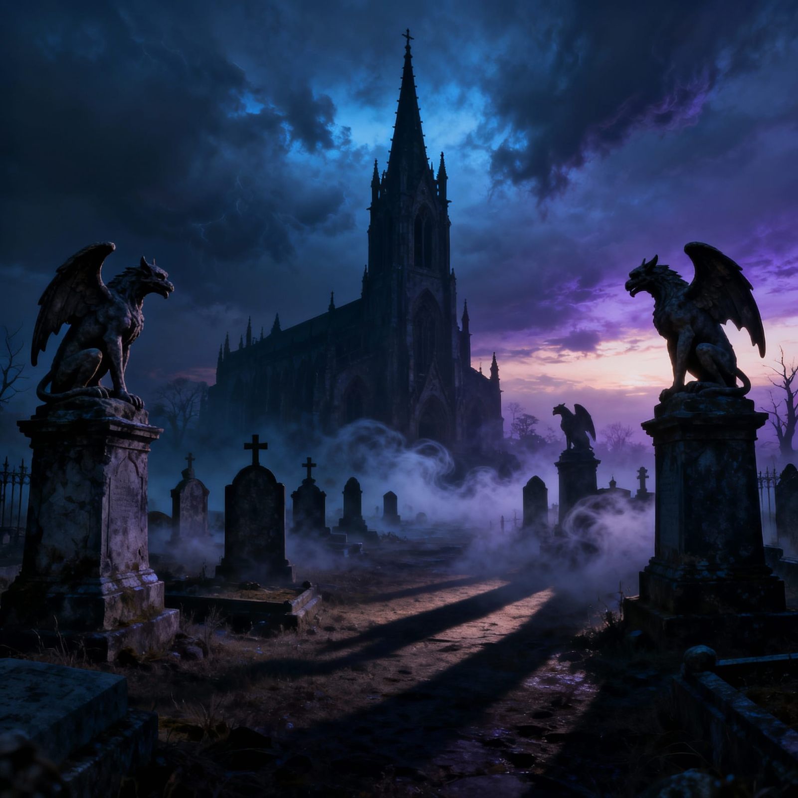 Gothic Cathedral Silhouette in Stormy Twilight