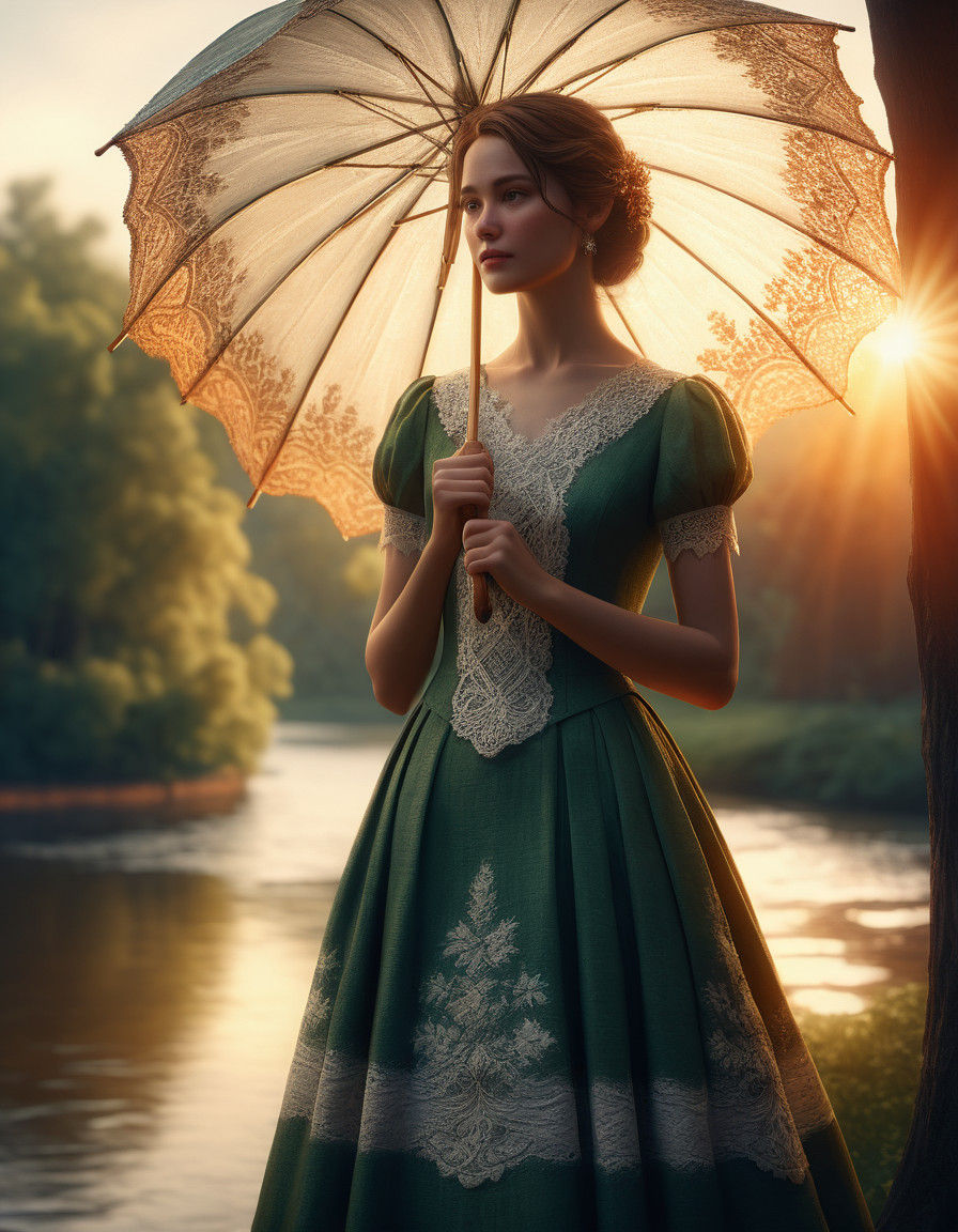 Woman in Majestic Sunset on River, Ivan Shishkin-Inspired Oi...