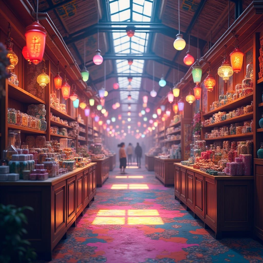 Illuminated Shop Floor with Colorful Lights in Splash Art St...