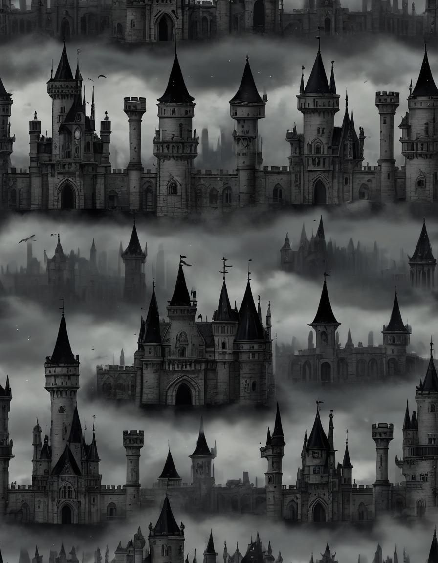 (A enormous gothic style castle with ancient magical sigils and Victorian Gothic details, there are 2 very large dark fa...