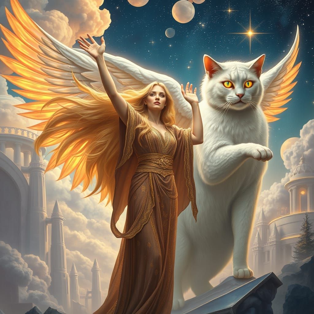 Celestial Angelic Woman and Winged Cat Beside Glowing City