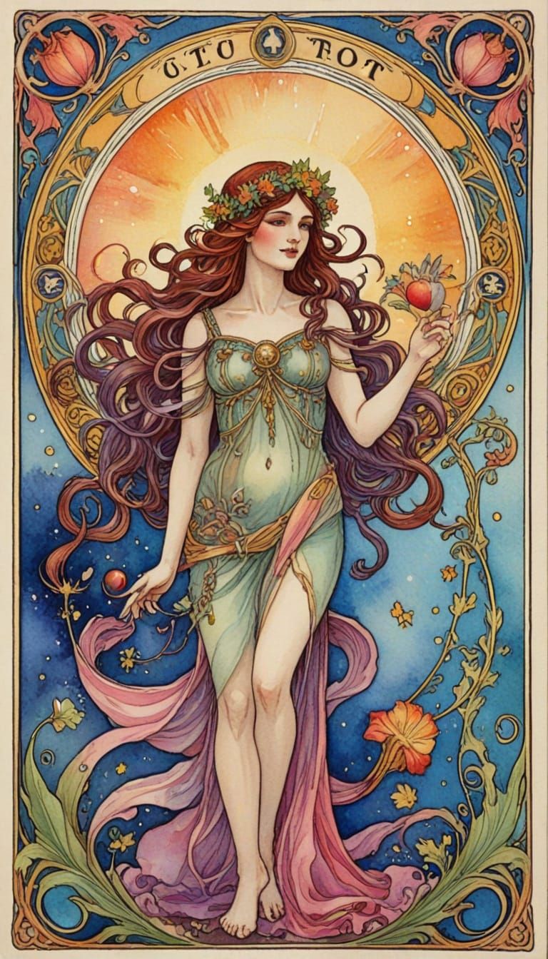 Art Nouveau Cornucopia Tarot Card in Vibrant Watercolour