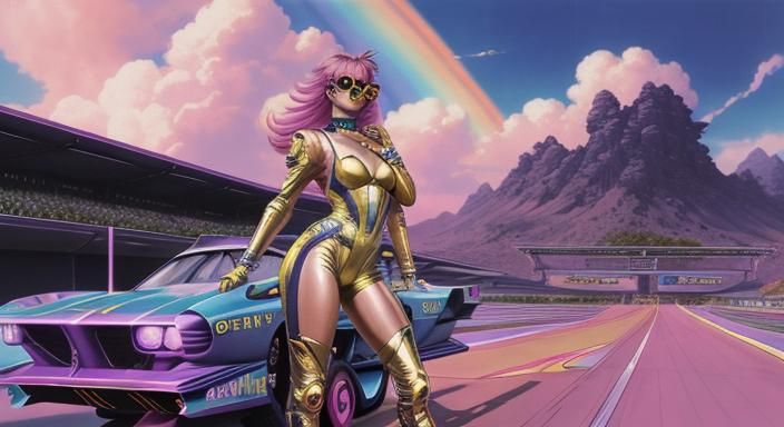 Retro-Futuristic Sci-Fi Landscape with Woman in Anime Style