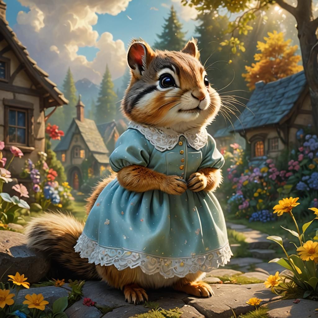 Sweet little chipmunk waiting for her kids to get home from the village school