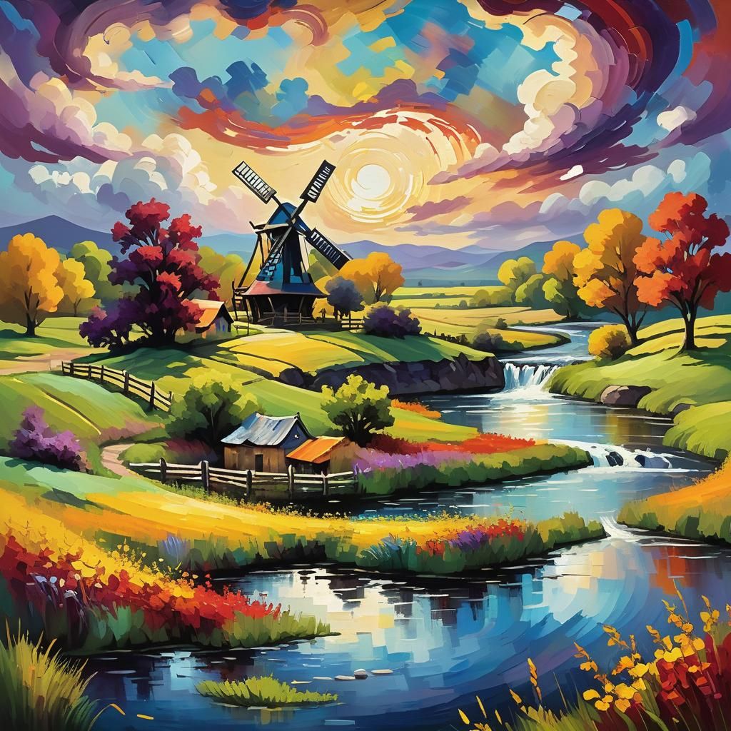 Post-Impressionistic River Scene with Windmill