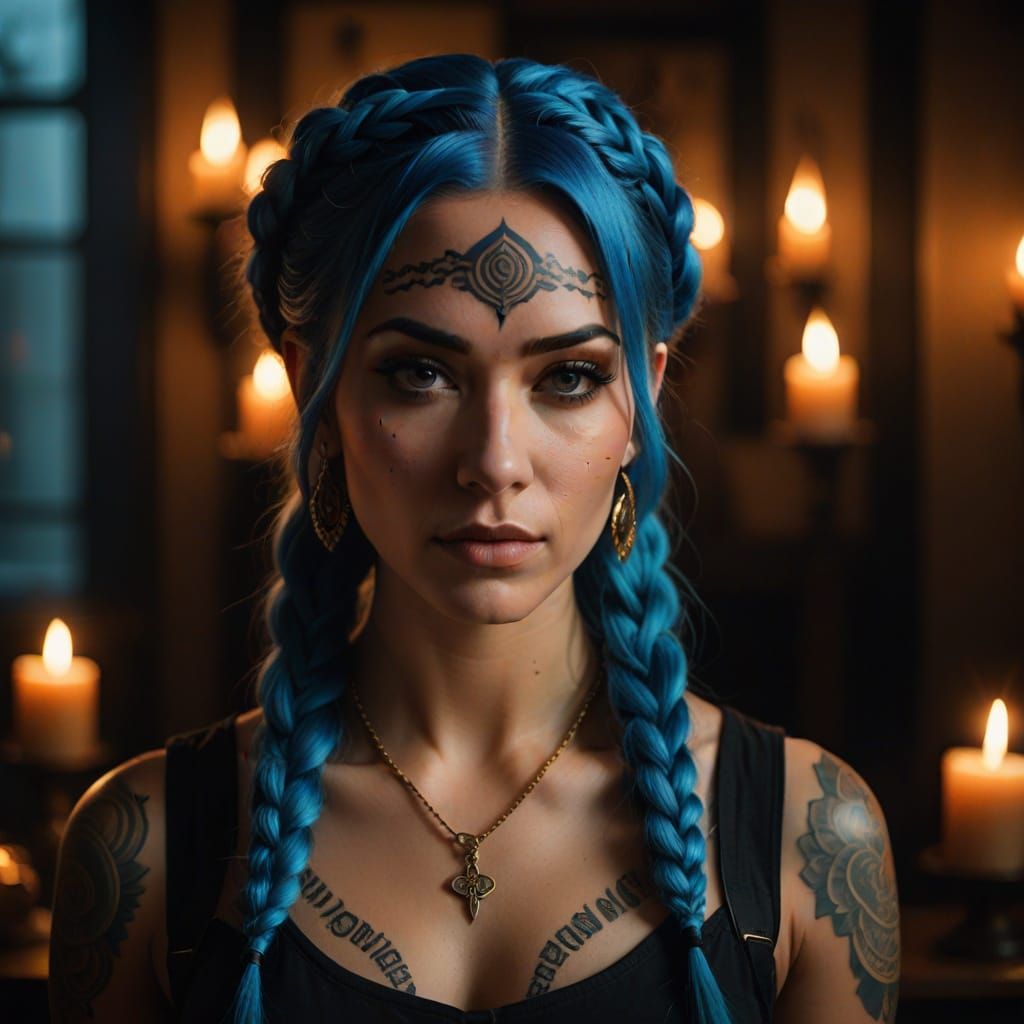 Stunning Young Woman with Vibrant Blue Hair in Twin Braids, ...