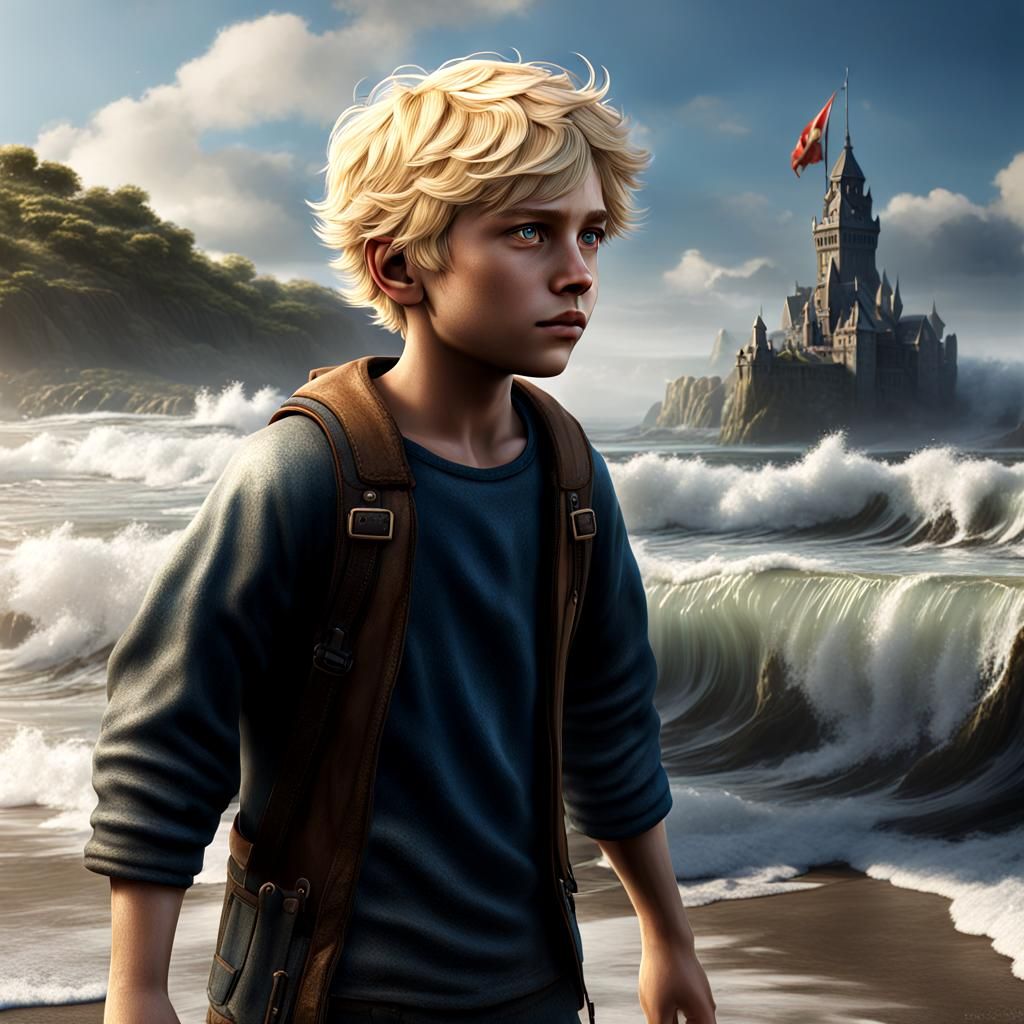 Young Boy Near Waves: Hyperrealistic Digital Art