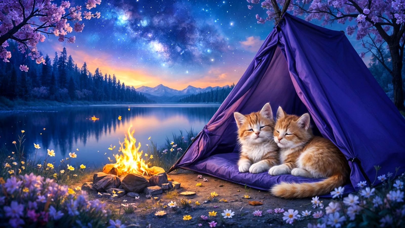 Kittens Sleeping Under Galaxy, Oil Painting