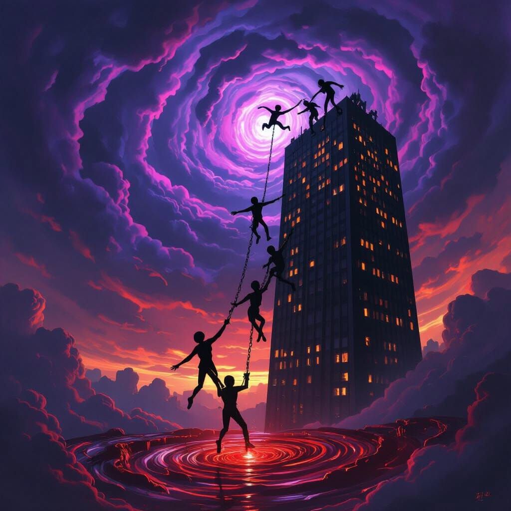 Surreal Figures Falling From Skyscraper Into Blood Portal