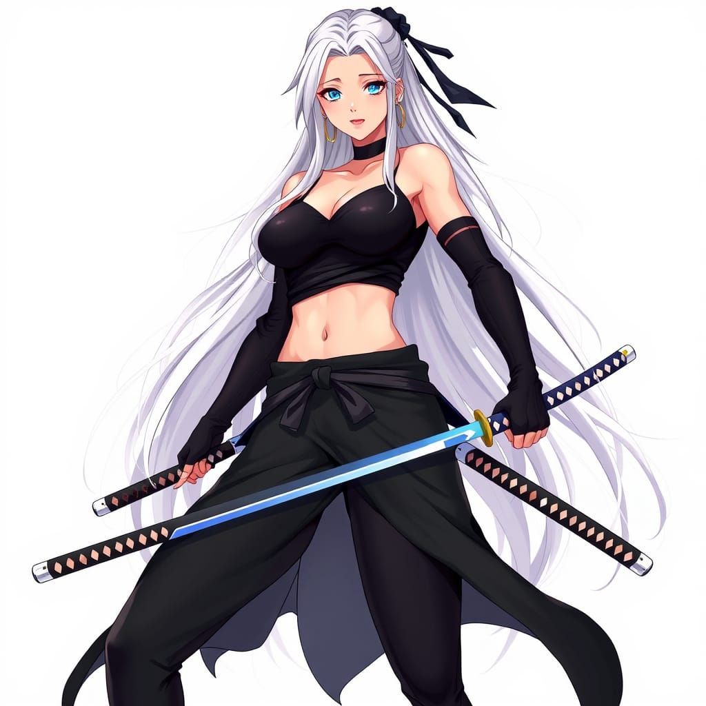 Tall Warrior Woman Wields Twin Katanas in Anime-Style Flat A...