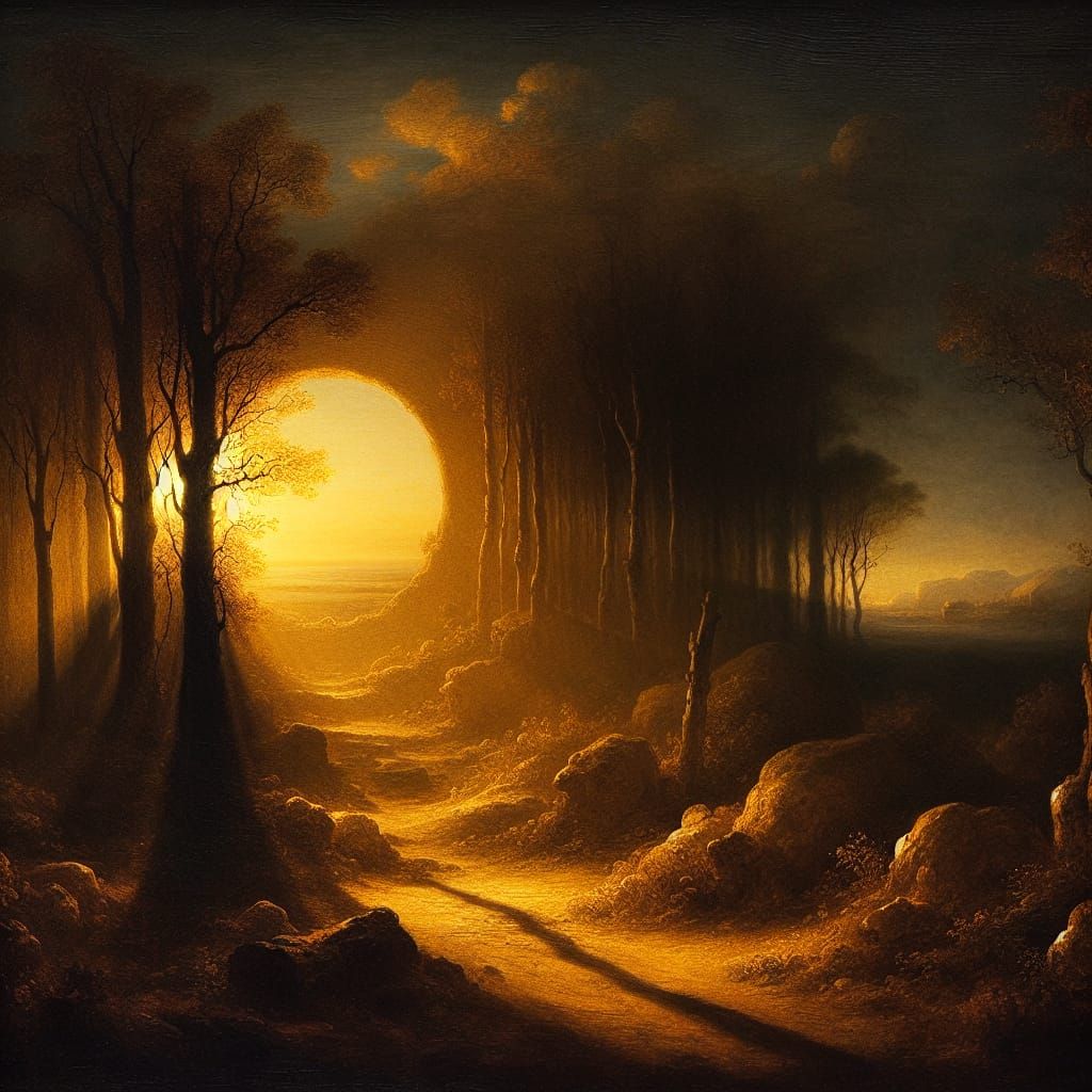 Baroque Scene: Distant Light in the Style of Rembrandt