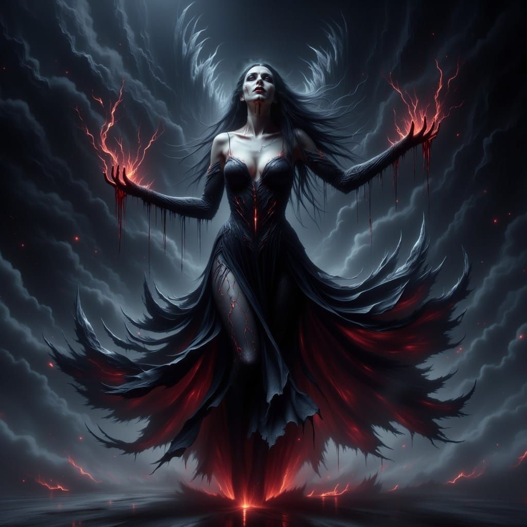 Dark Priestess Casting a Curse in Mid-Air