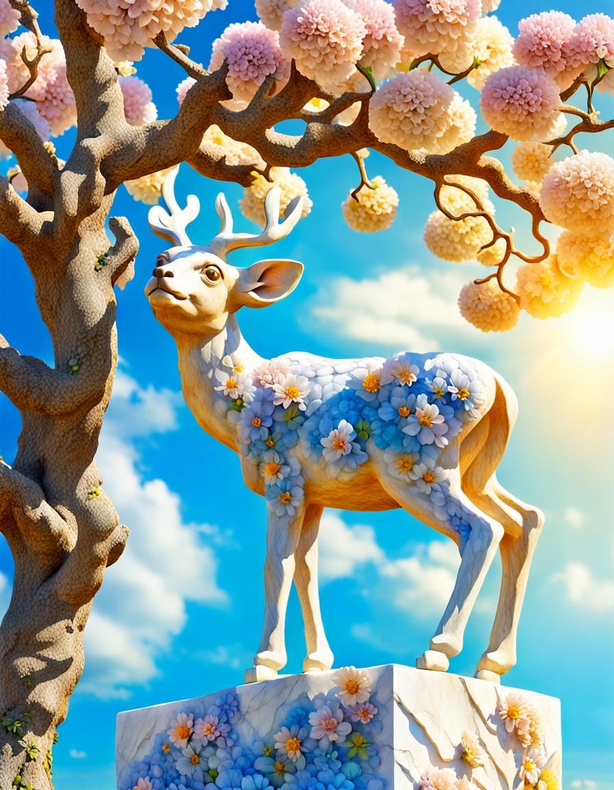 Charming Marble Statue with Spring Flowers in a Lush Garden....