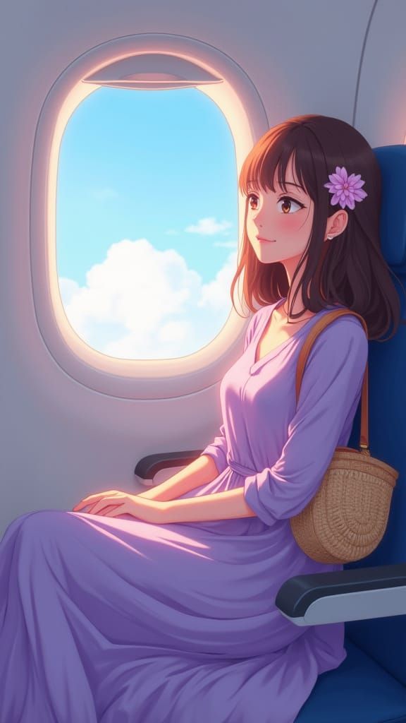 Anime Illustration: Woman in Lavender Dress at Airplane Wind...