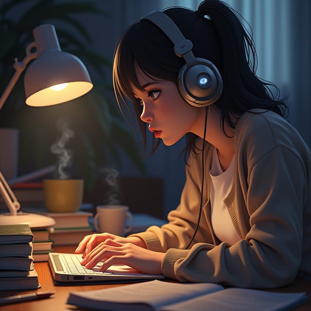 Determined Young Woman Focuses on Late-Night Study