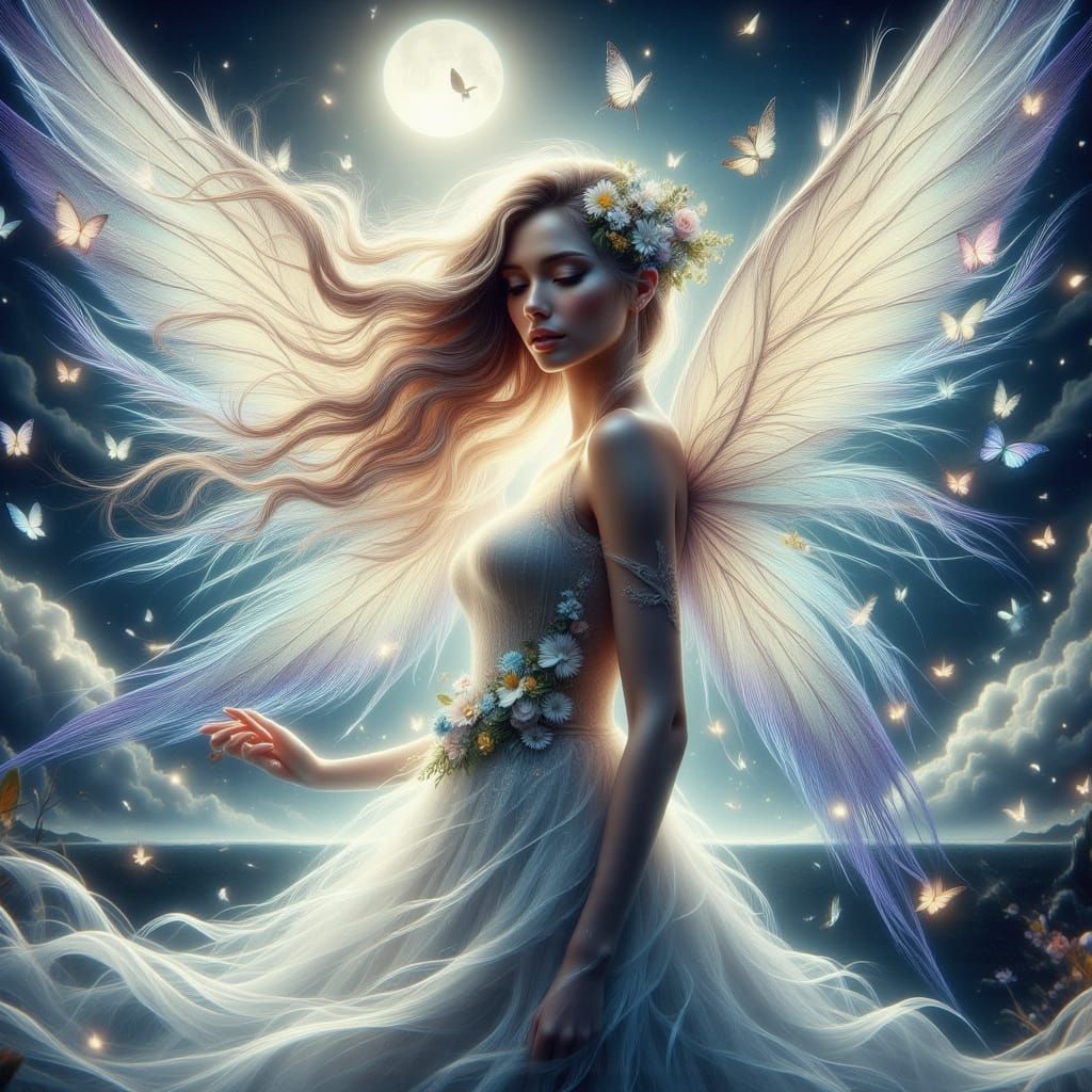 Angelic Woman with Feather Wings in Hyperrealistic Style