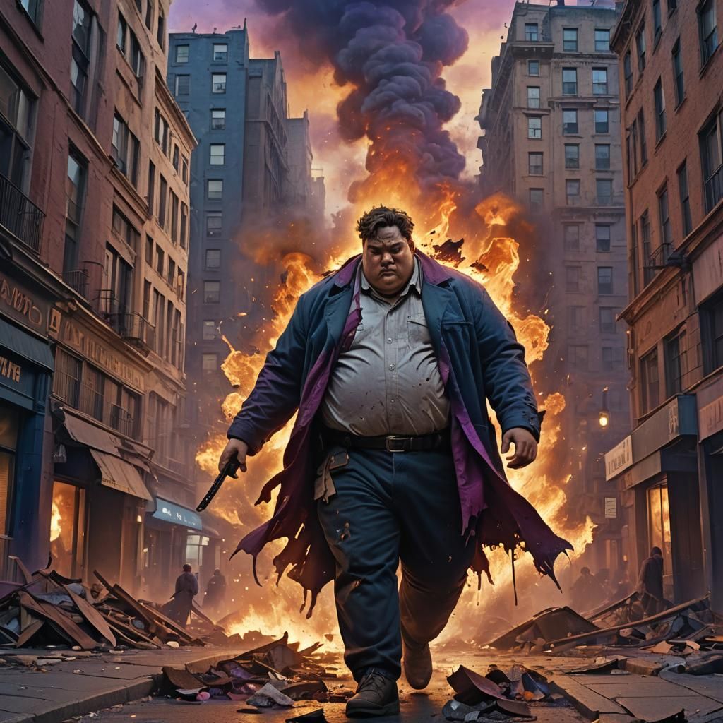 Overweight Figure Wreaks Havoc in City: Matte Painting