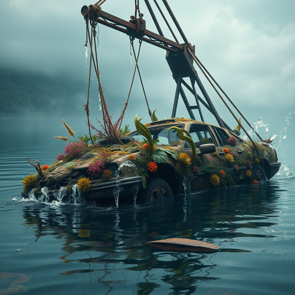 Mystical Car Emerges from Lake as Matte Painting