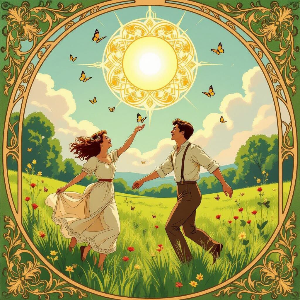 Art Nouveau Couple in Sunny Meadow Chasing Butterflies