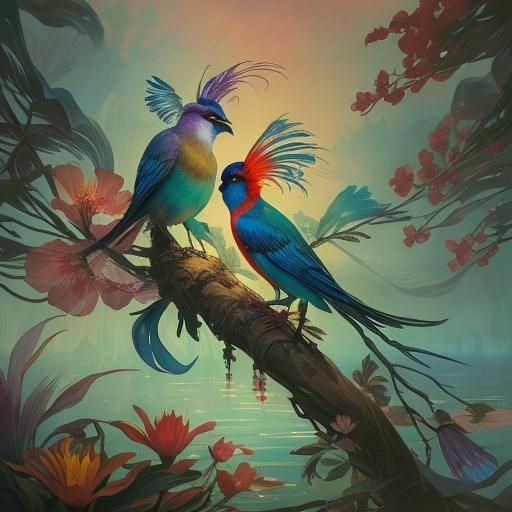 Bird of Paradise in Watercolor Fantasy Landscape
