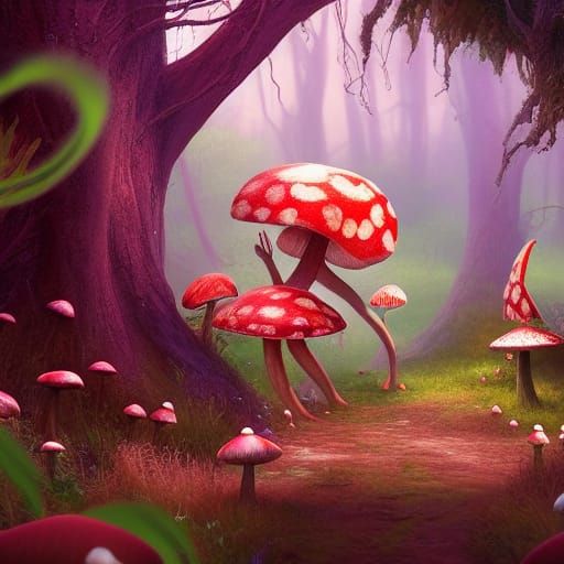 Mushroom Fairies Dance in a Fantasy Landscape