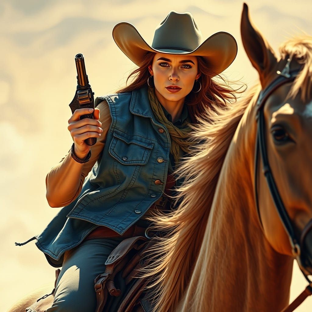 Cowgirl in a Dusty Leather Vest Rides Majestic Horse with Re...