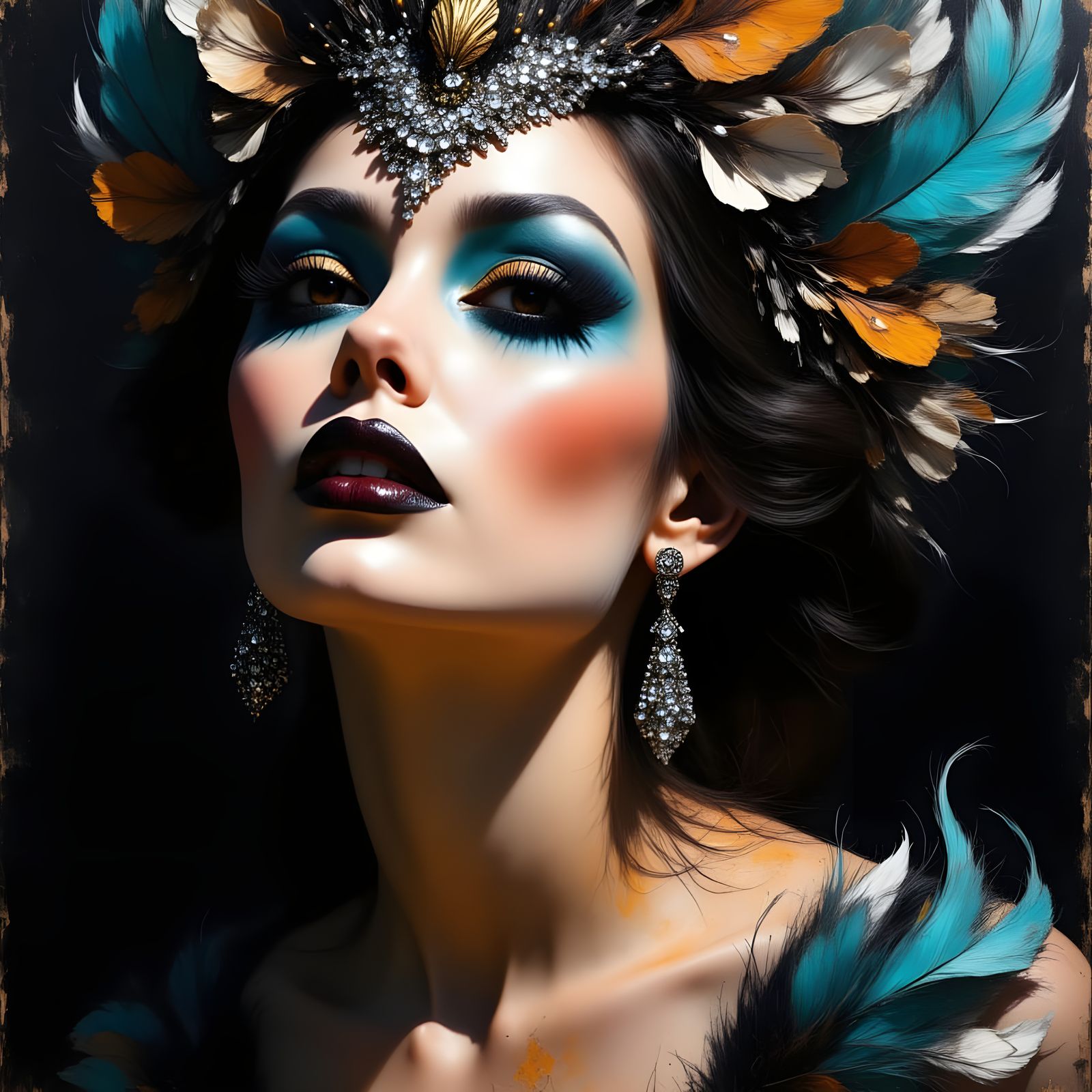 Glamorous Showgirl Portrait with Impasto Texture