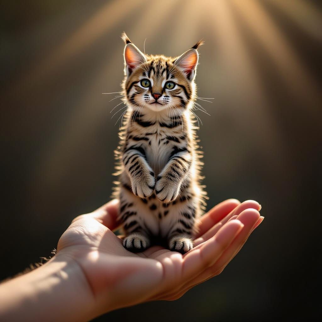 Miniature Bobcat Balanced on Human Palm