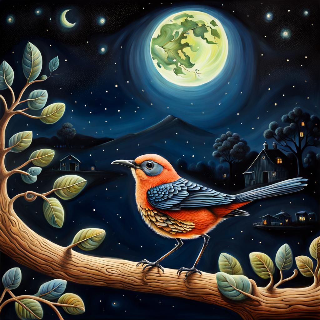 Surreal Night Bird in Hyperrealistic Folk Art