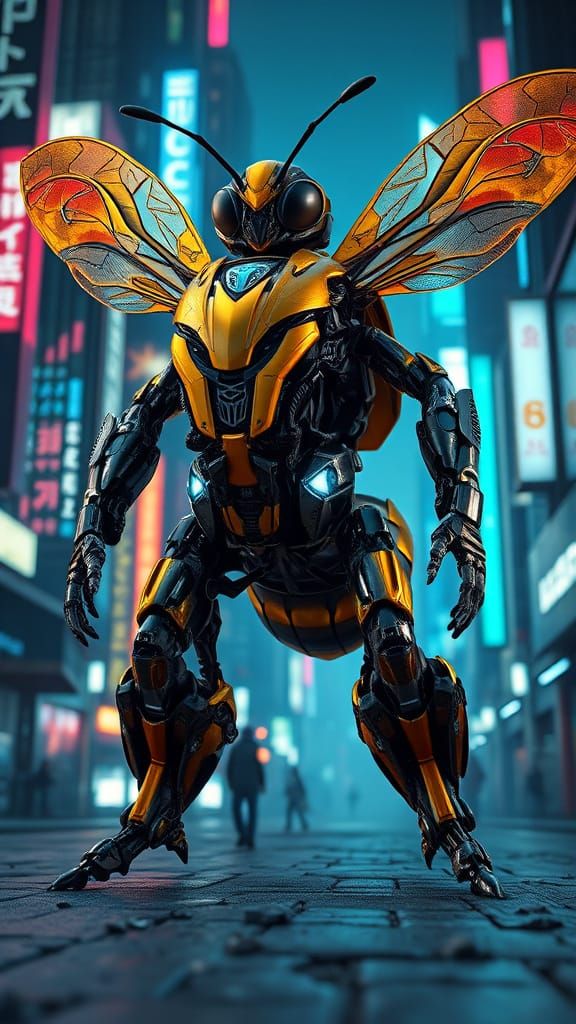 Majestic Cyberpunk Bee in Futuristic Metropolis