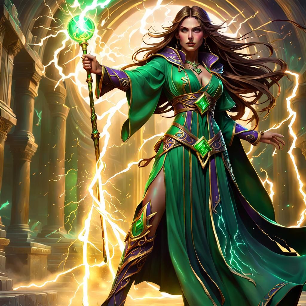 Sorceress Conjuring Lightning in Dark Fantasy Style