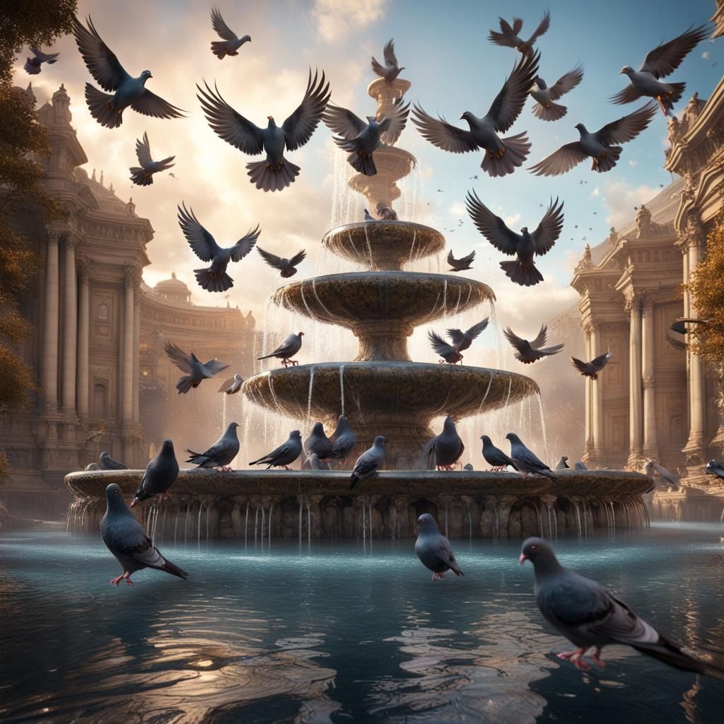 Pigeons Around Fountain: Detailed Fantasy Concept Art