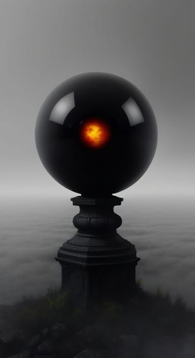 Ominous Obsidian Orb Levitating in Dark Fog