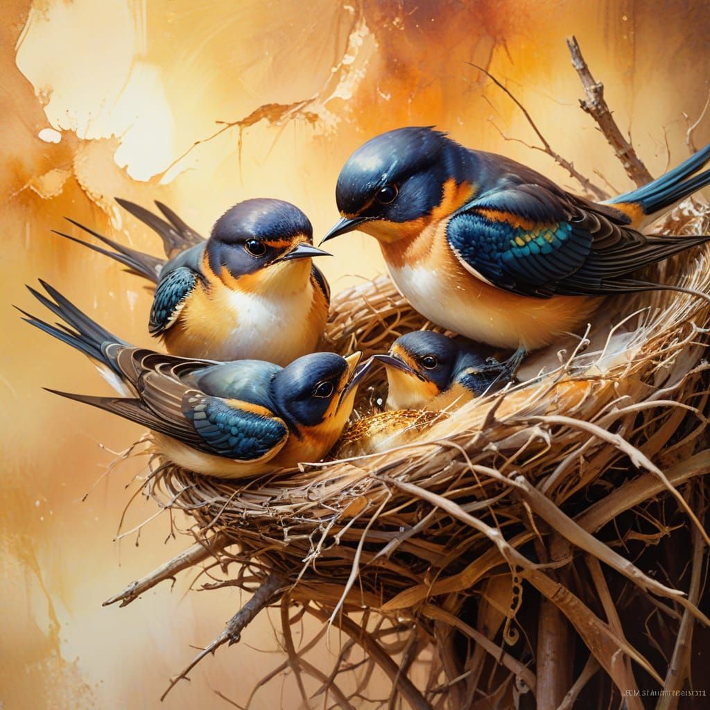 Surreal Impressionistic Watercolor of Swallow Feeding Young