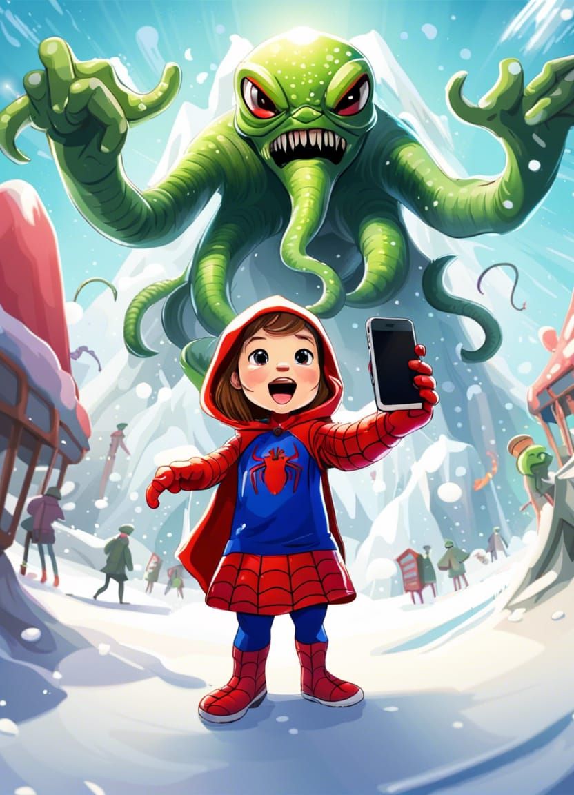 adventurous cute girl in spiderman inspired dress taking selfie with cthulhu
