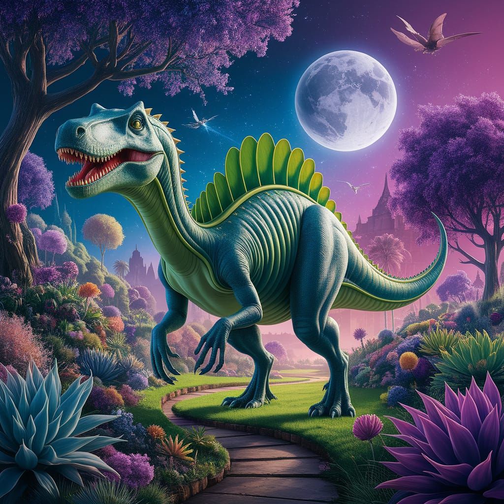 String Bean Dinosaur in Enchanted Garden: Digital Art
