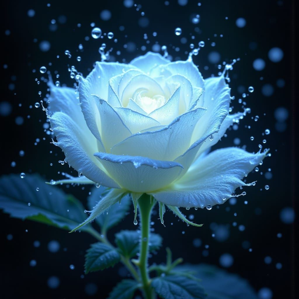 Bioluminescent Rose in Rain: Dreamlike Digital Art
