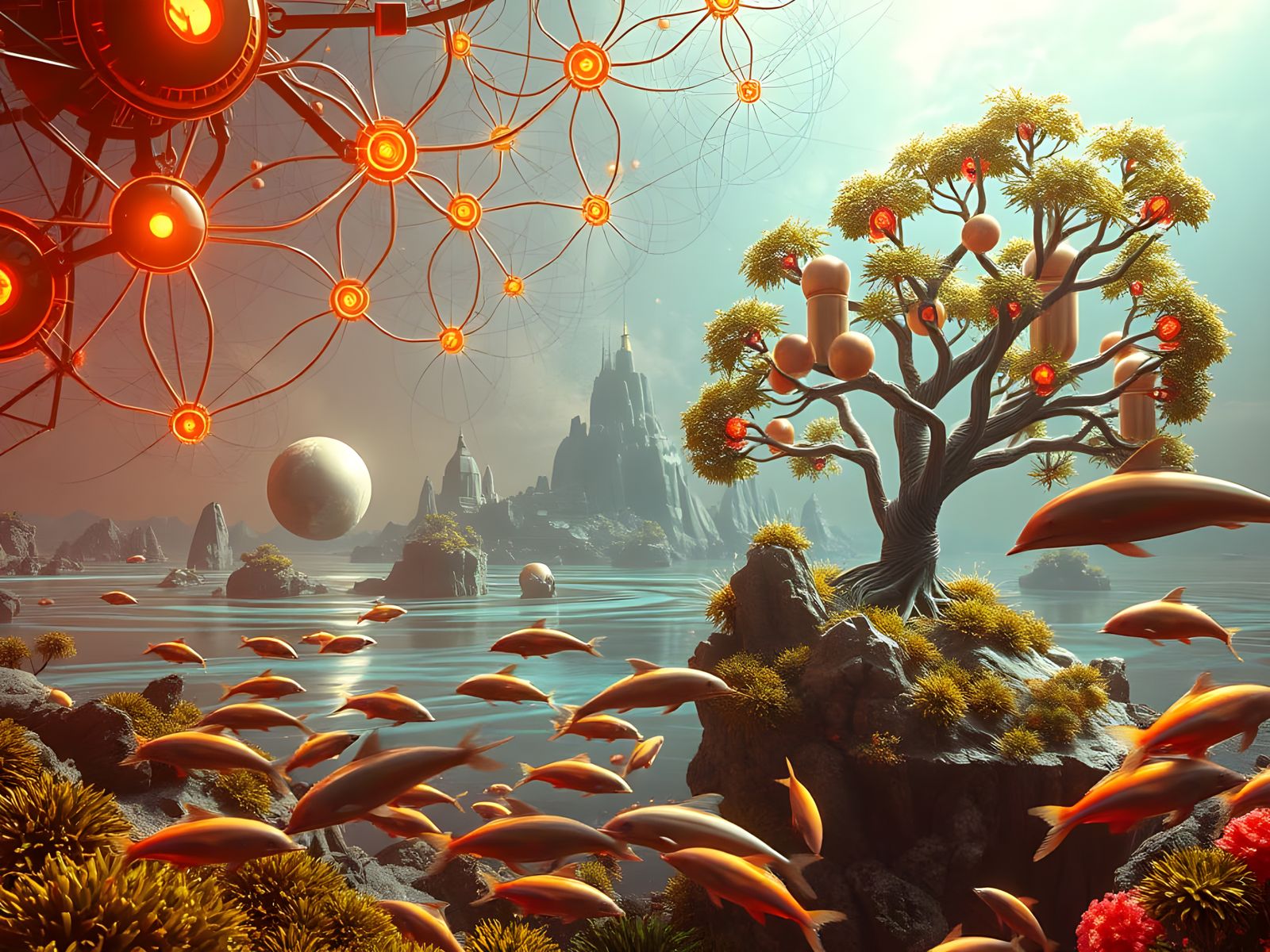 Surreal Cyberpunk Dreamscape with 3D Bryce Islands and Neura...