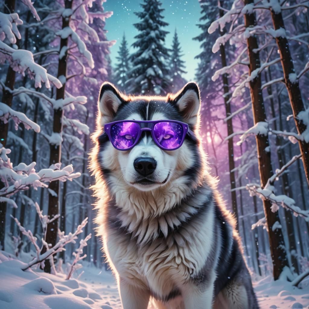Husky with Neon Glasses in Snowy Fantasy World