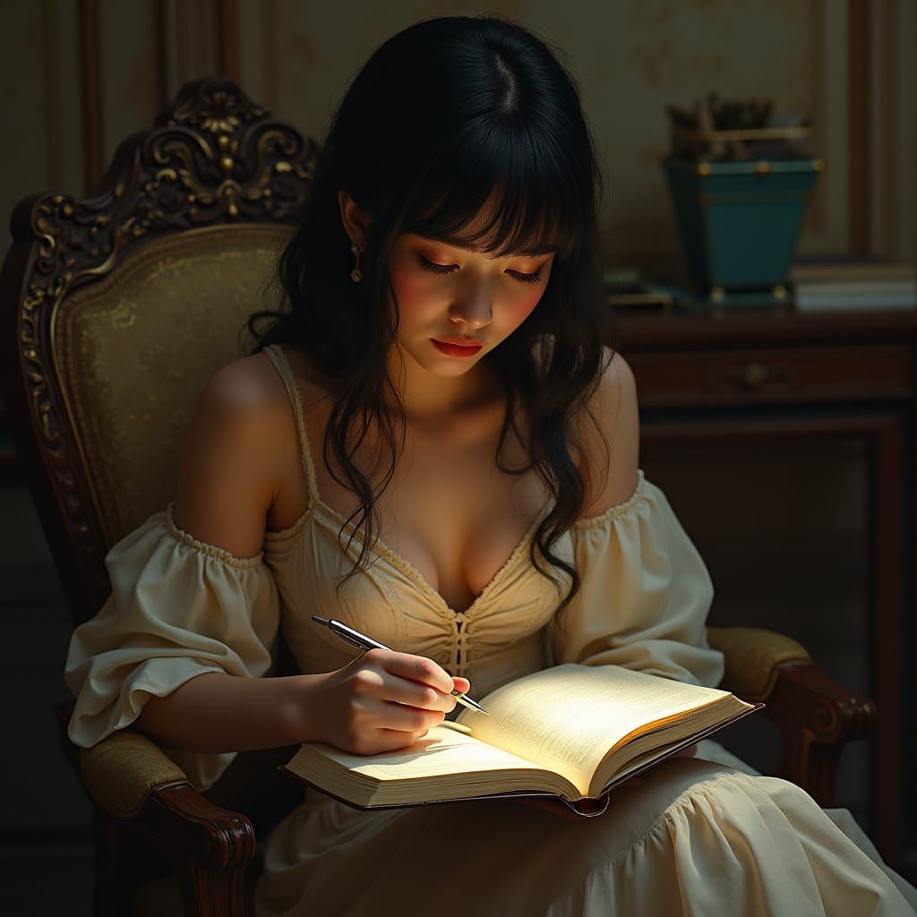 Melancholy Woman Writing Diary in Cinematic Style
