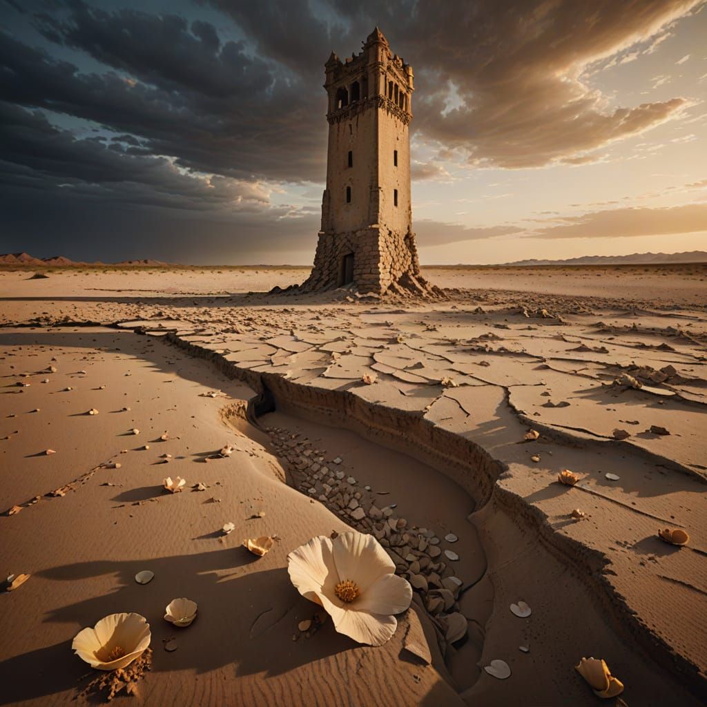 Mystical Tower in Desert Landscape: Surreal Art