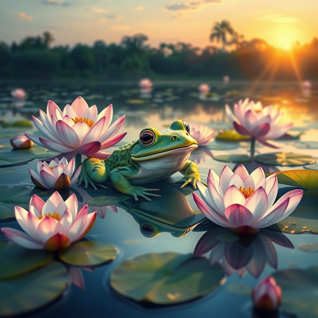 Surrealistic Watercolor of Frog Surrounded by Lotus Flowers ...