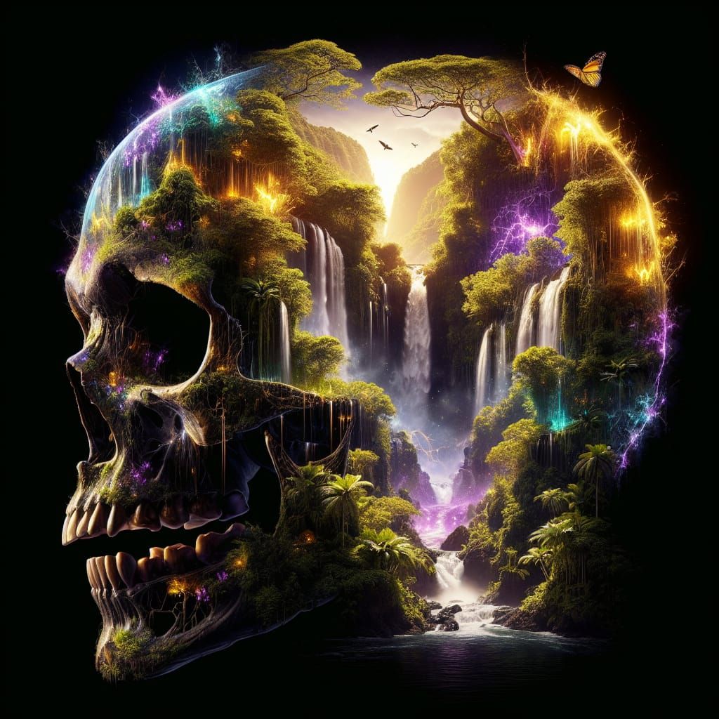 Radiant Rainforest Inside Skull: Dark Fantasy Concept Art