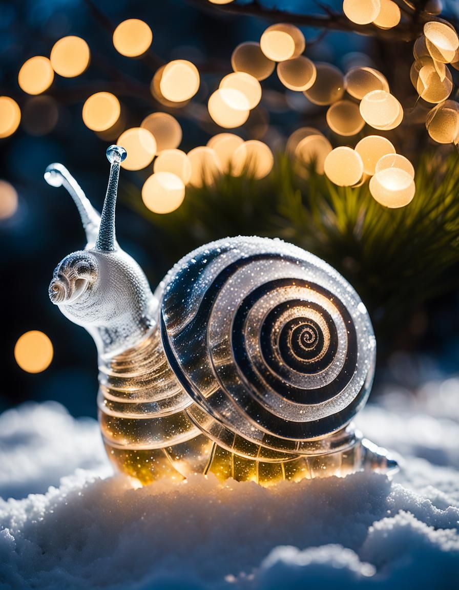 Intricate Ice Snail Sculpture in Winter Garden