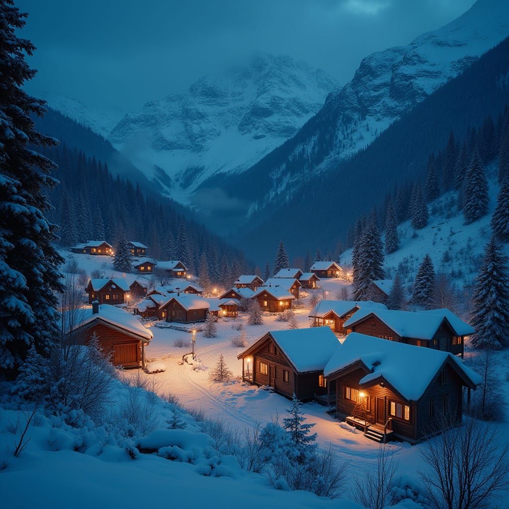 Snowy Mountain Village at Night in Ultra-Realistic Style