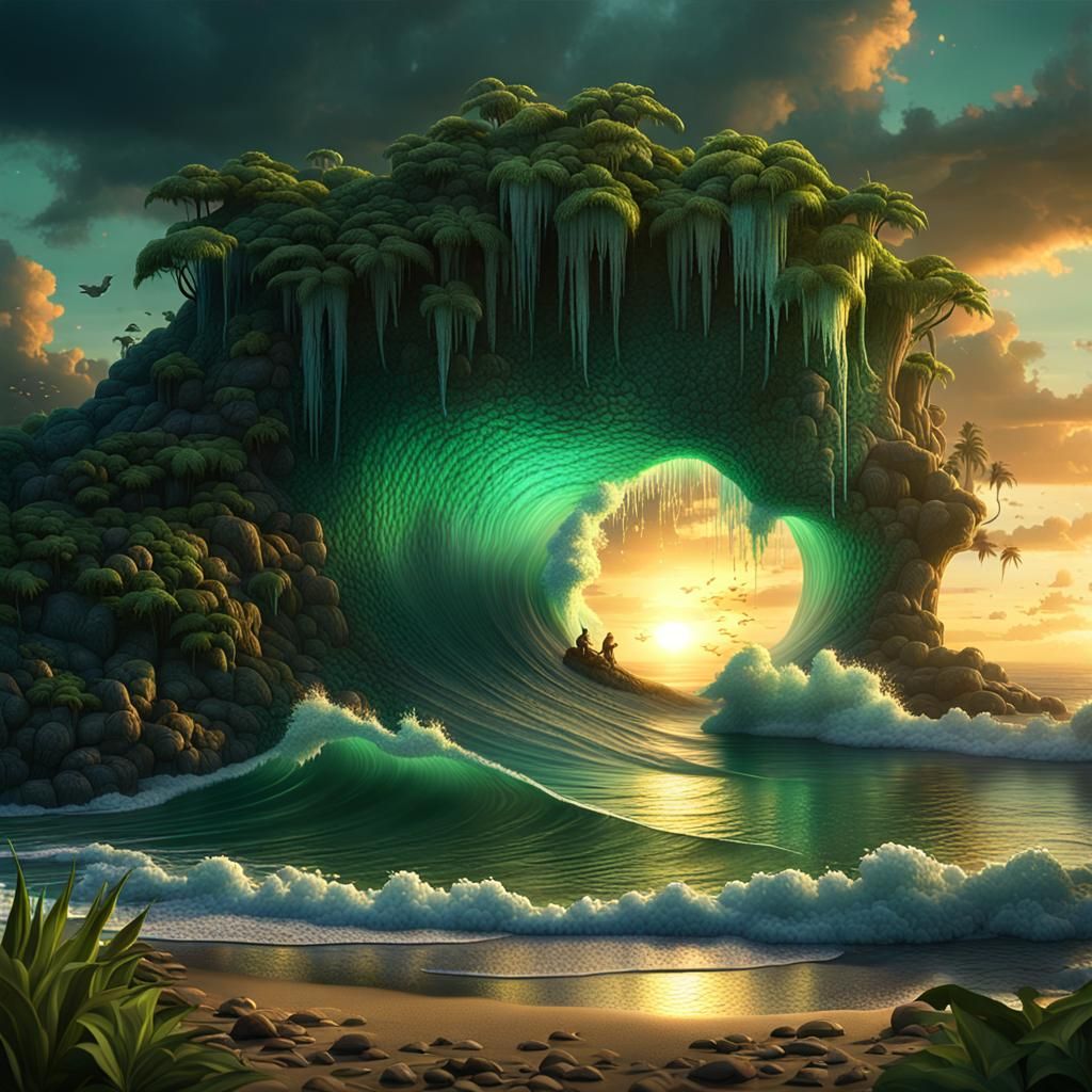 Luminescent Fae Gathering at Sunset in a Tropical Paradise