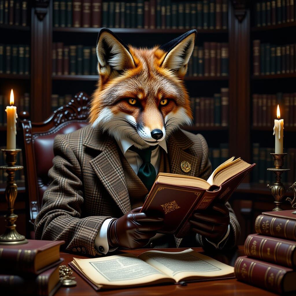 Anthropomorphic Fox Reads in Dark Fantasy Study