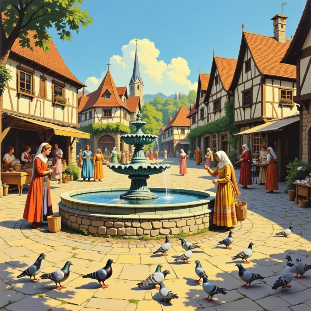 Vintage 1970s Medieval Town Square Fountain Illustration