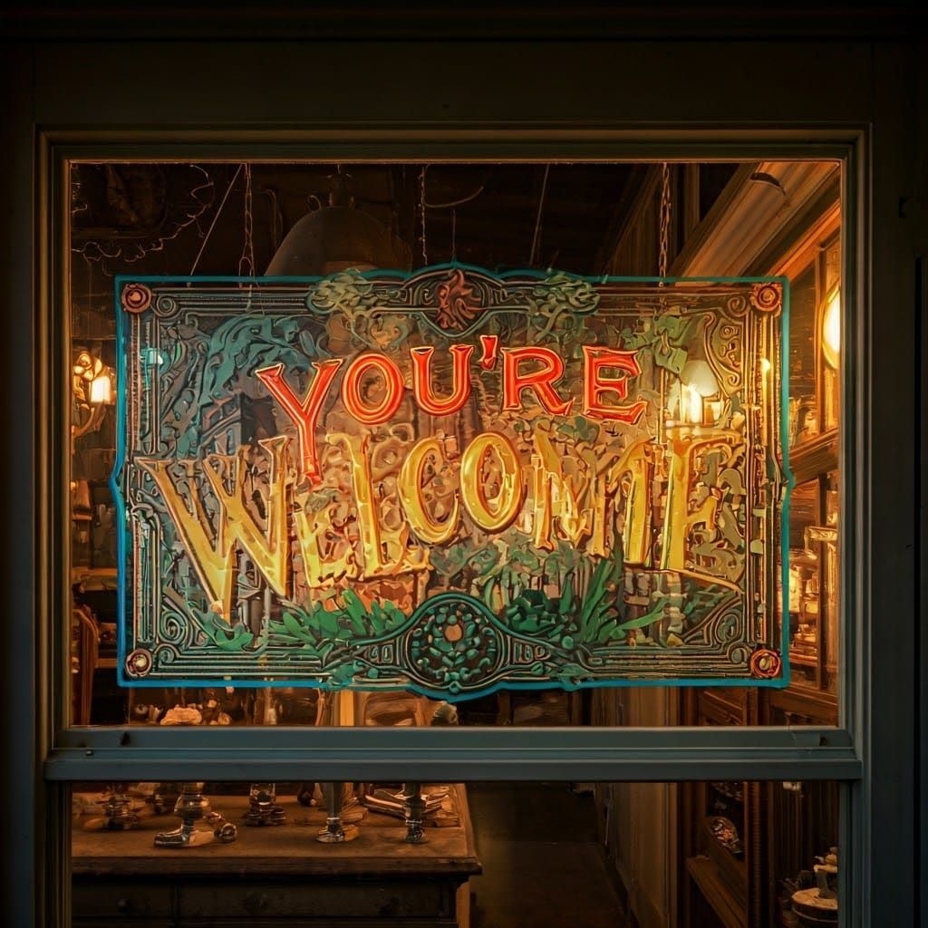 Bioluminescent Sign on Antique Shop Window